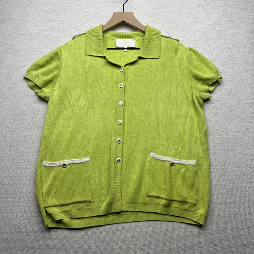 VTG ST JOHN SPORT By Marie Gray Lime Cardigan Button Down USA Vintage Sm FLAWS